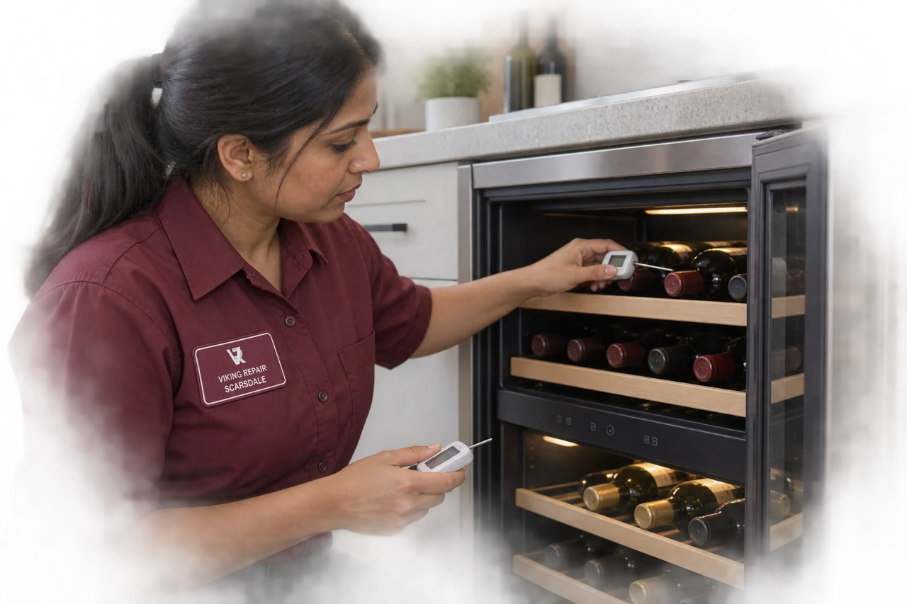 Illustrative technician checking temperatures in a dual-zone wine cooler in a Scarsdale uniform.